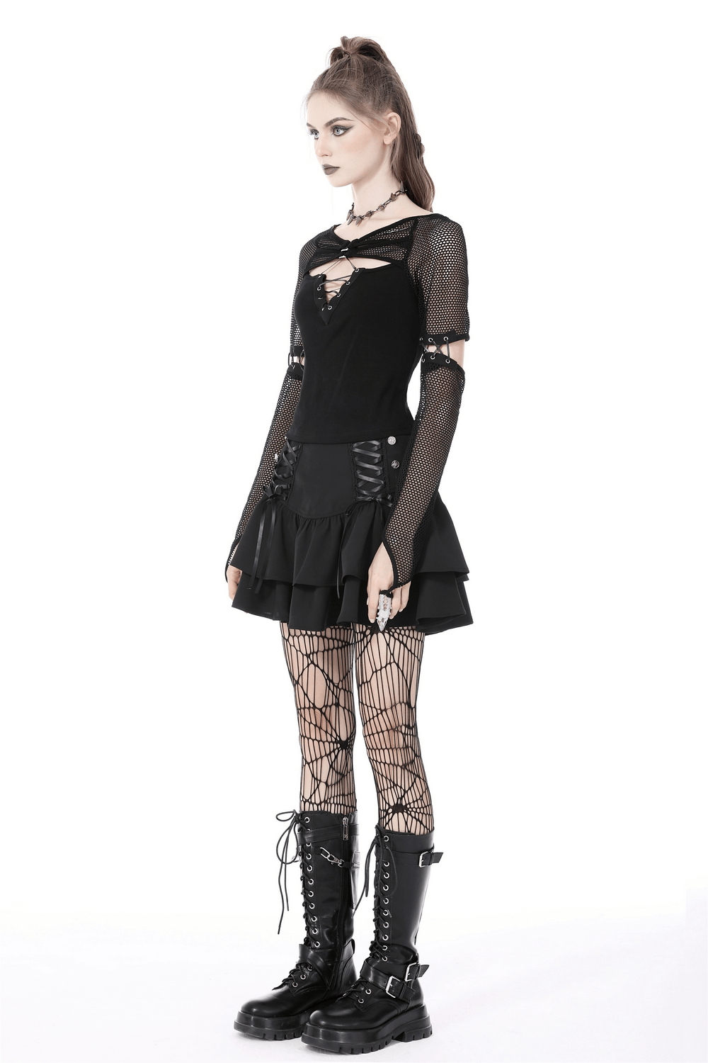 Stylish Female Mesh Goth Top with Lace-Up Sleeves
