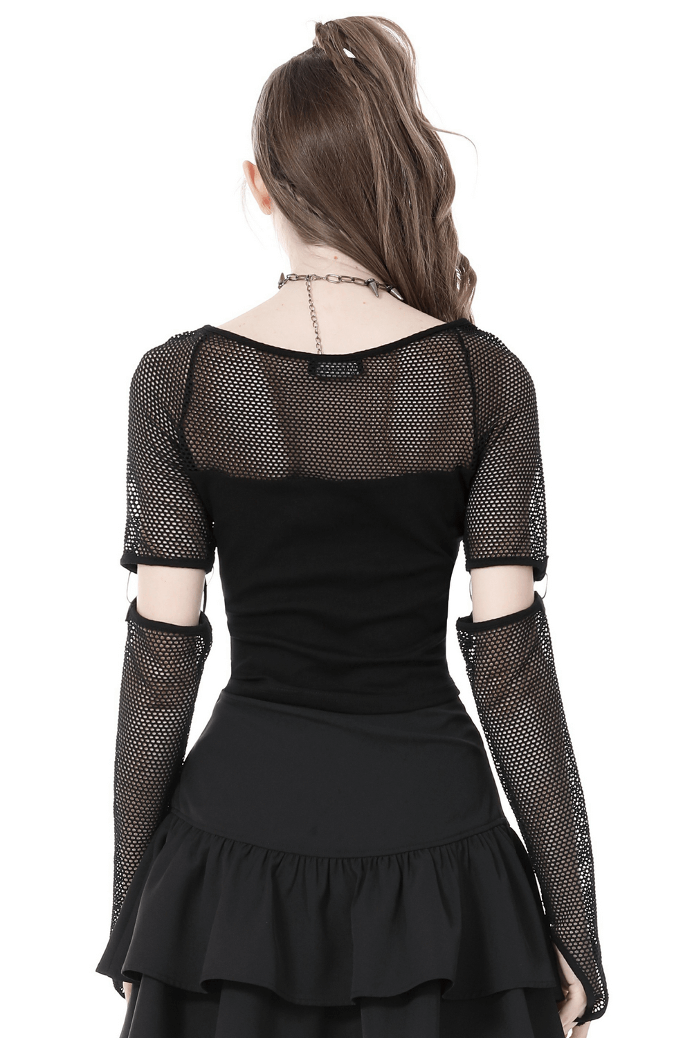 Back view of a stylish black mesh goth top with lace-up sleeves, perfect for embracing your dark side.