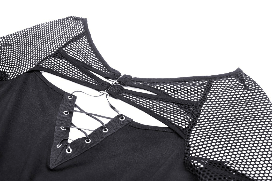 Close-up of black mesh goth top with lace-up sleeves and detailing, perfect for edgy fashion outfits.