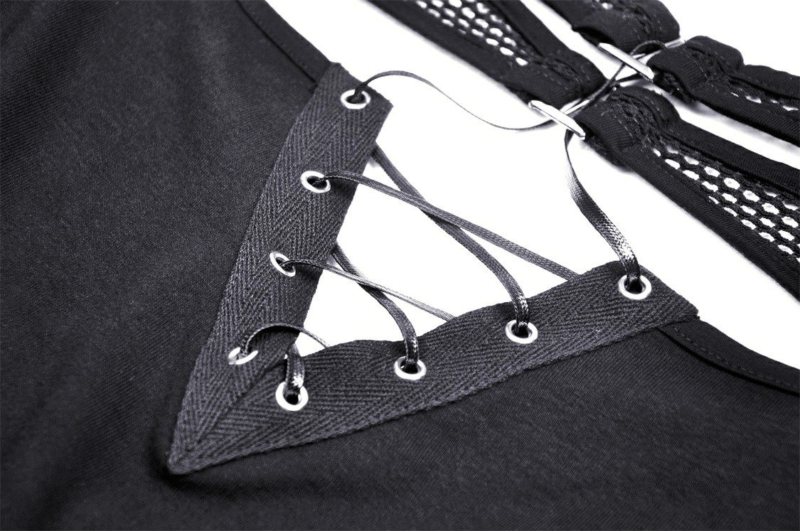 Close-up of lace-up detailing on a black mesh goth top, showcasing edgy style and adjustable fit.