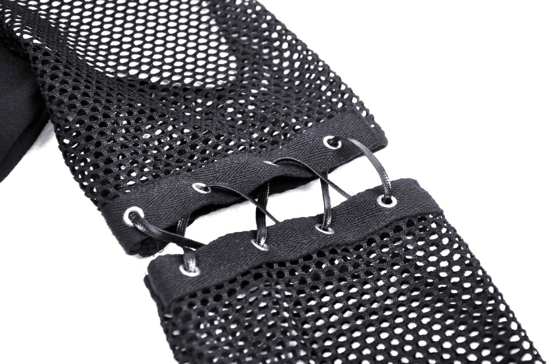 Close-up of black mesh fabric with lace-up detailing on sleeves, perfect for a stylish goth look.