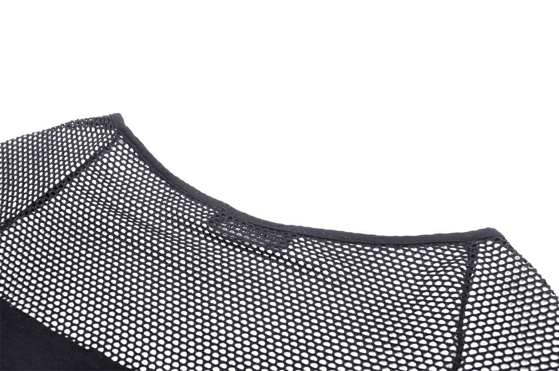 Close-up of stylish black mesh fabric top showcasing lace-up detailing and a sleek neckline.
