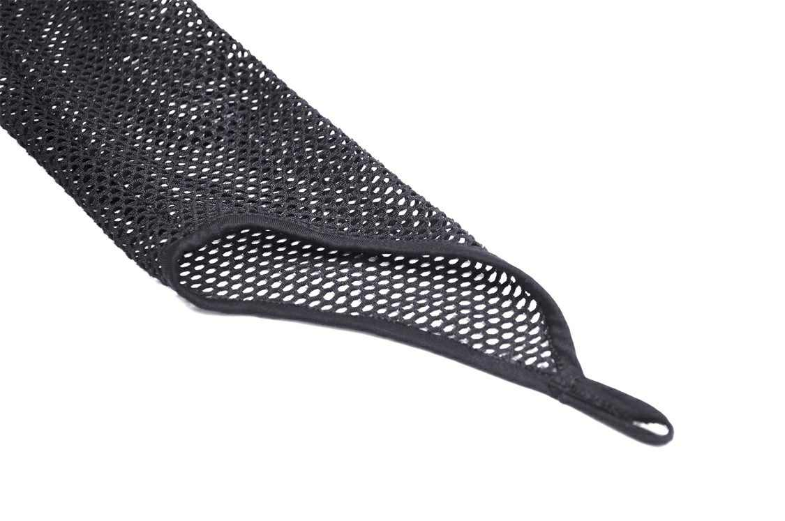 Close-up of black mesh fabric with lace-up detail for a stylish goth top, showcasing its unique design.