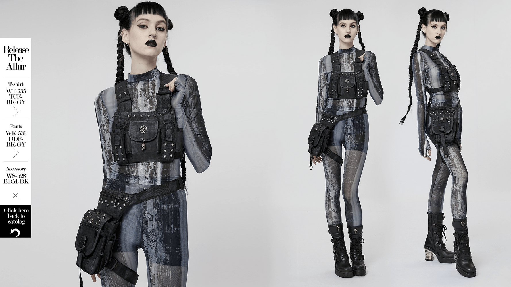 Stylish model in post-apocalyptic outfit featuring black skull studded strap bag and edgy footwear.