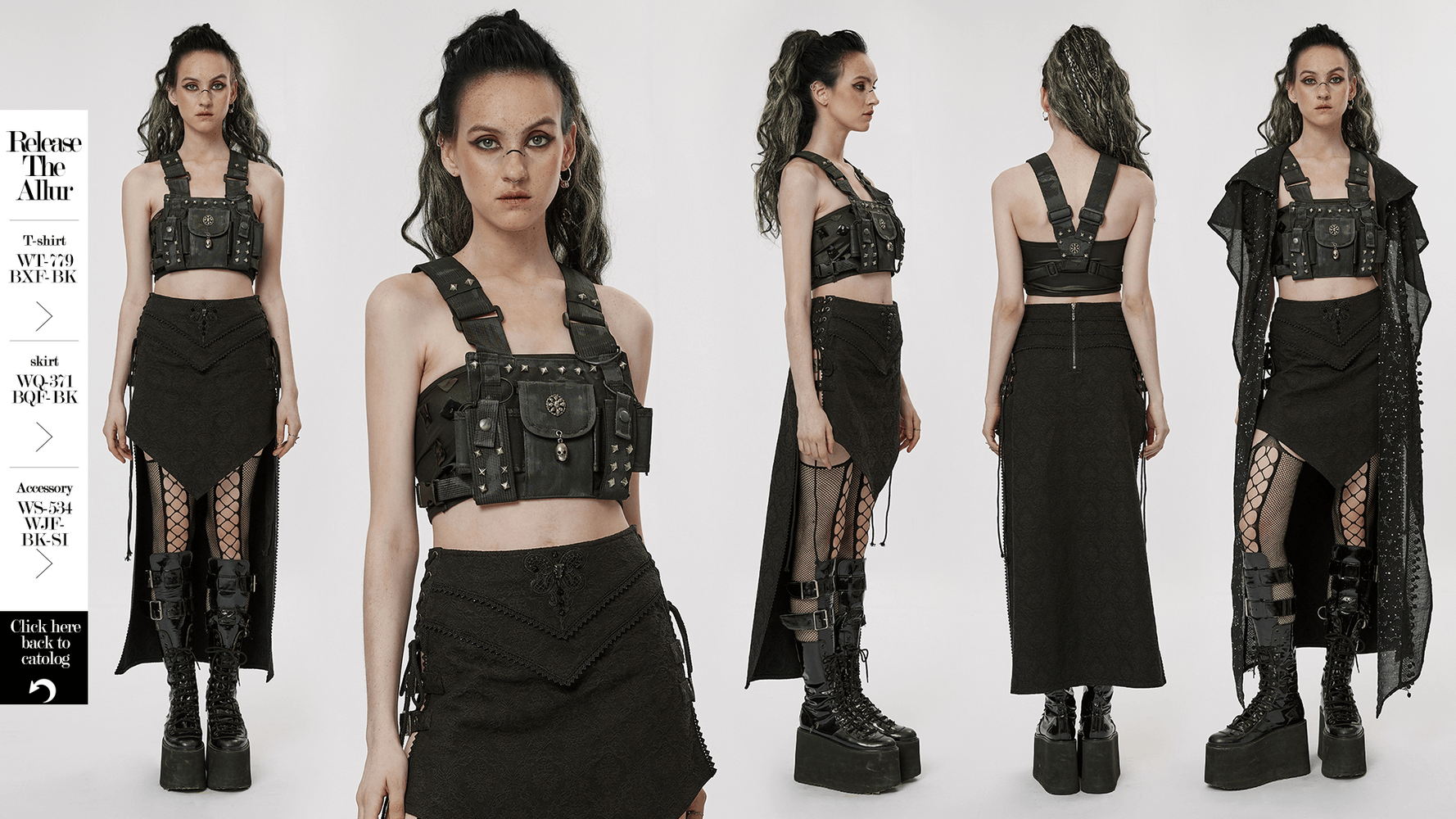 Stylish female model showcasing punk black outfit with harness top and long skirt, emphasizing edgy post-apocalyptic fashion.