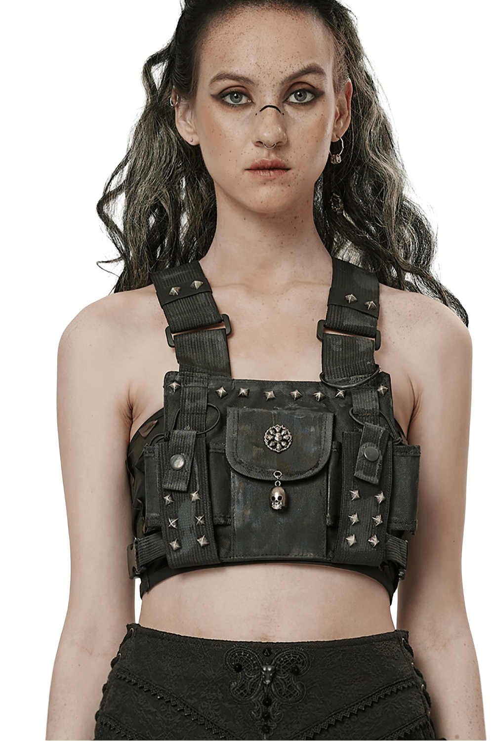 Stylish black punk crop harness bag with studs and pockets, perfect for a bold post-apocalyptic look.