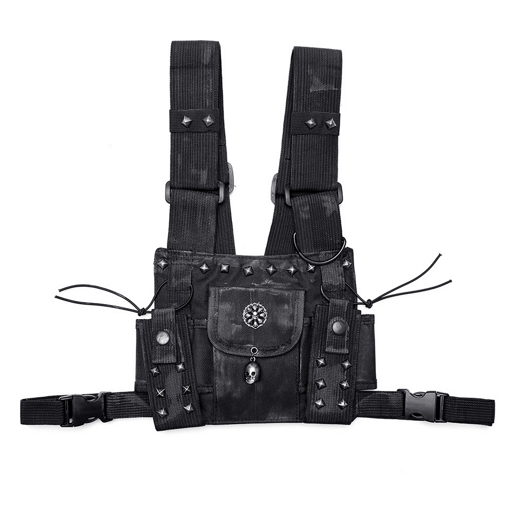 Stylish punk black studded harness featuring adjustable straps and skull accents for a bold look.