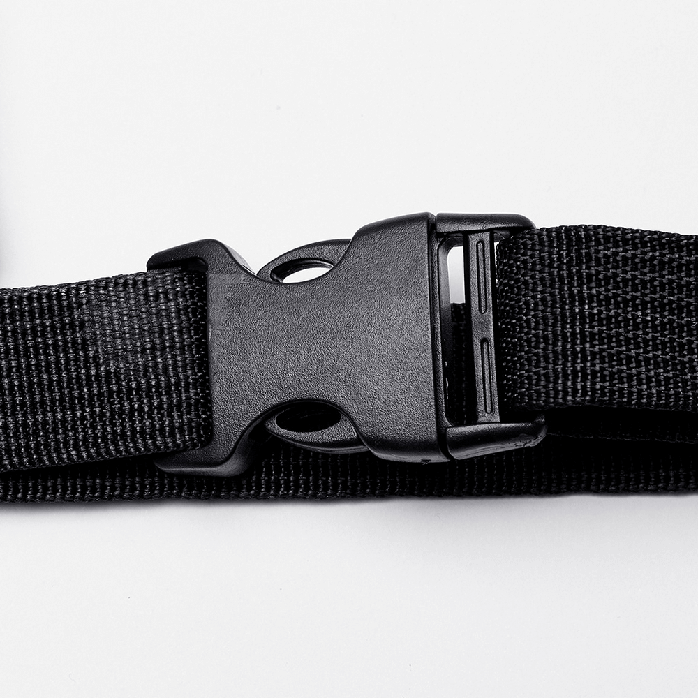 Close-up of a sturdy black strap buckle, perfect for adjustable bags and outdoor gear.