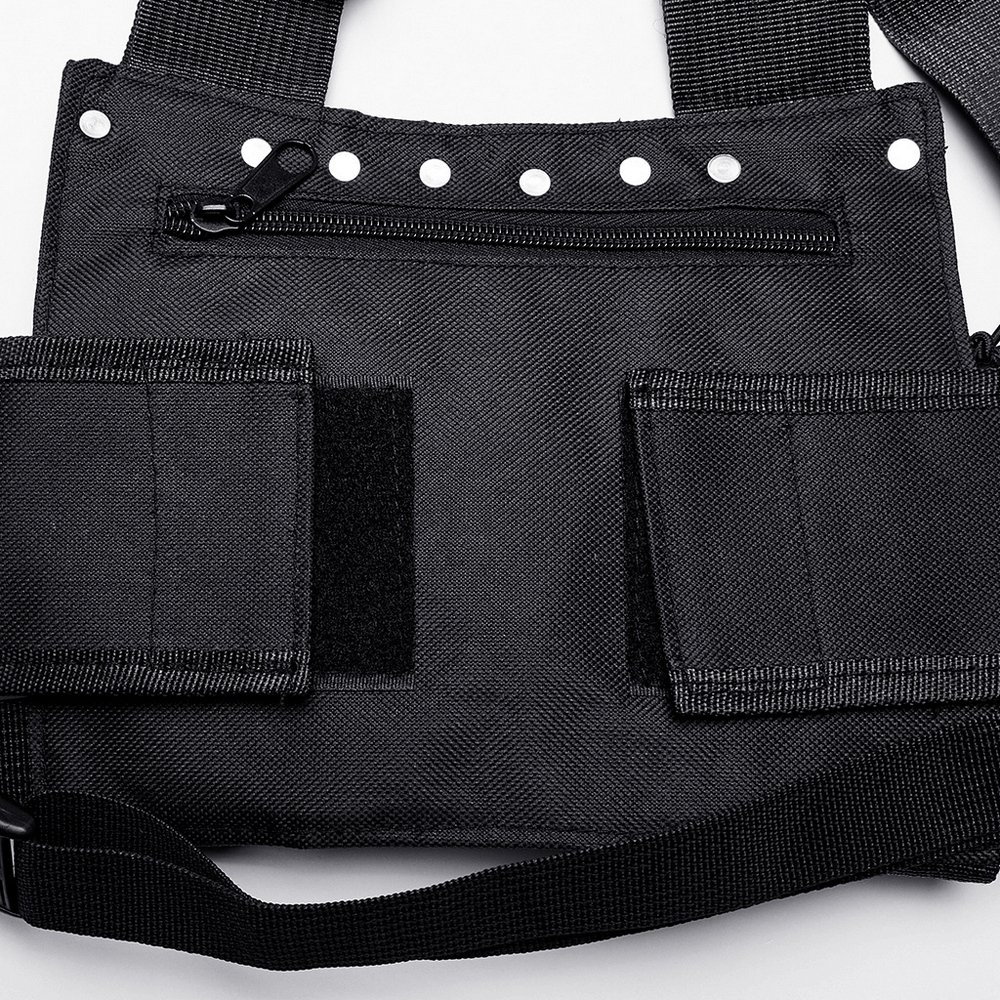 Stylish black tactical bag with stud detail, velcro pockets, and adjustable straps for a punk aesthetic.
