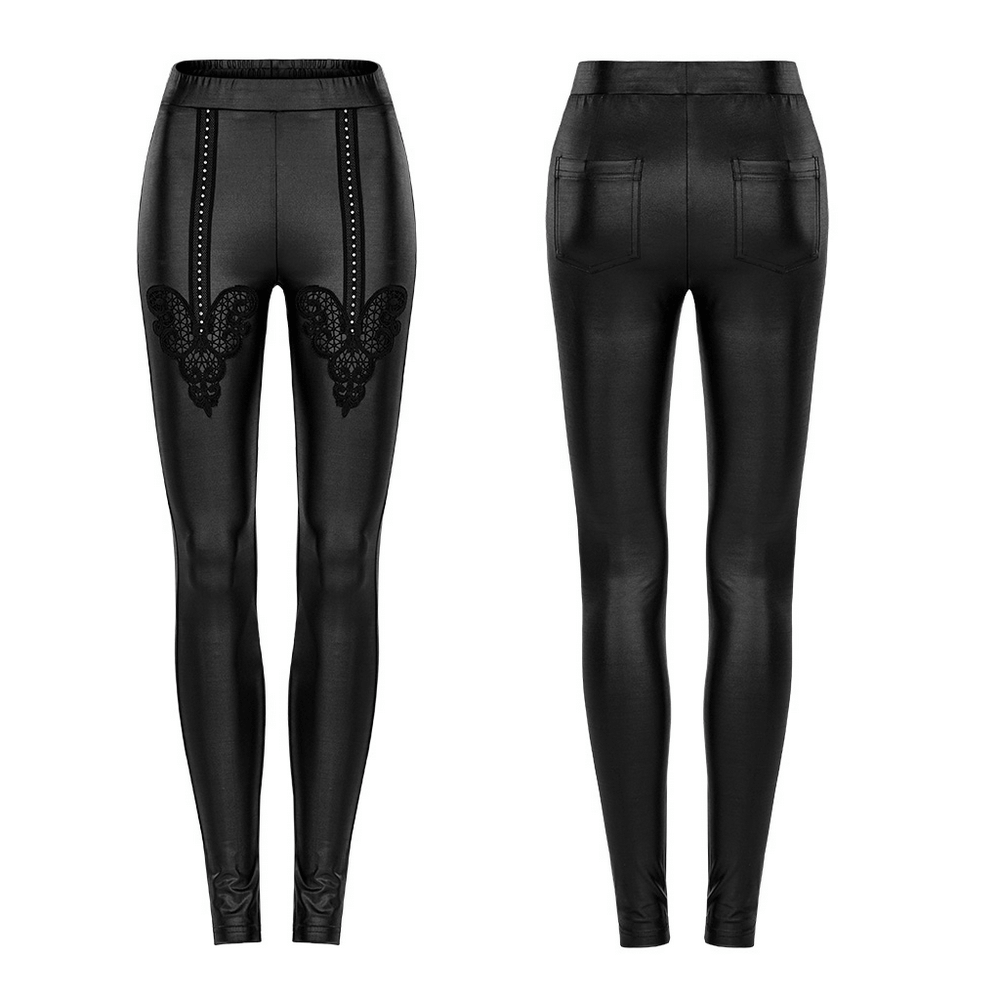 Gothic faux leather leggings with rivet details and heart lace design on thighs, featuring a snug elastic waist and windproof material.