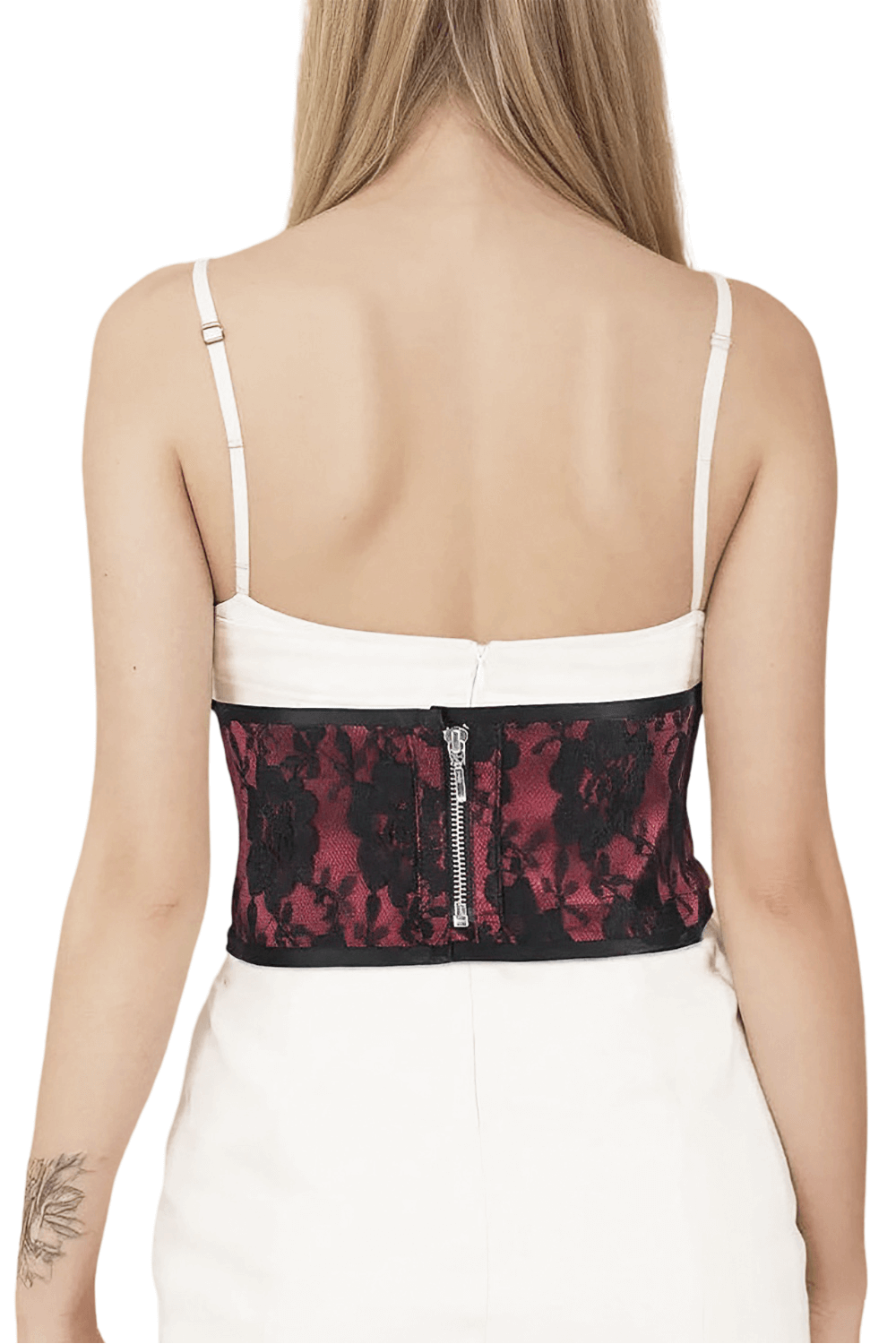 Back view of stylish satin lace corset belt with adjustable lacing and zipper, perfect for enhancing feminine silhouettes.