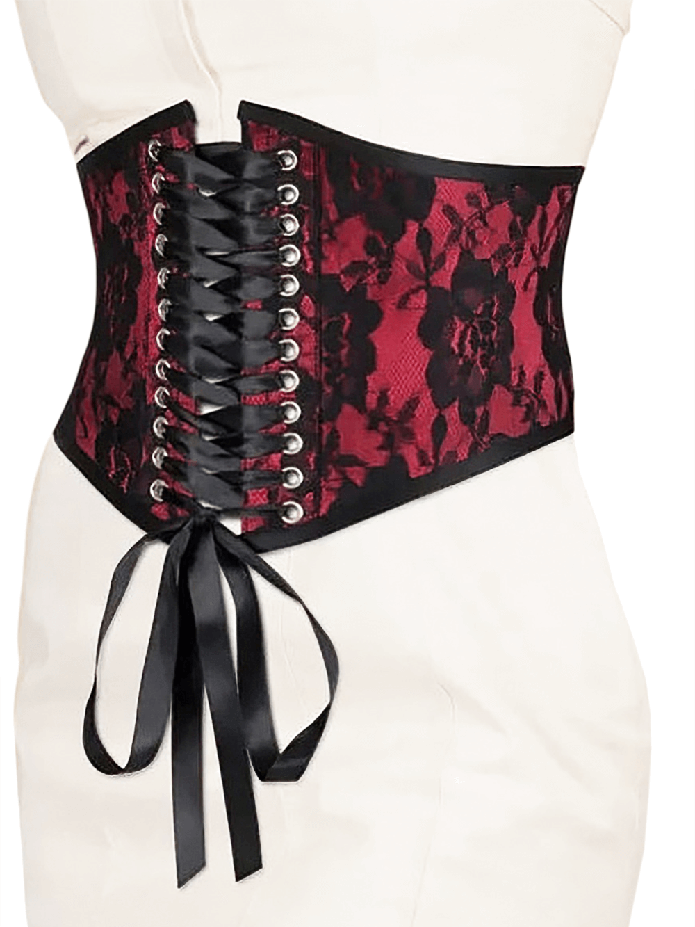 Stylish red lace corset belt with satin overlay and adjustable lacing, perfect for enhancing any outfit silhouette.