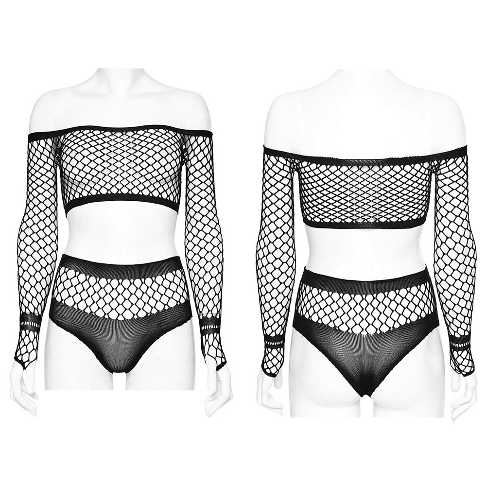 Stylish fishnet off-shoulder top and bikini ensemble, showcasing edgy bralette and panty set in black mesh.