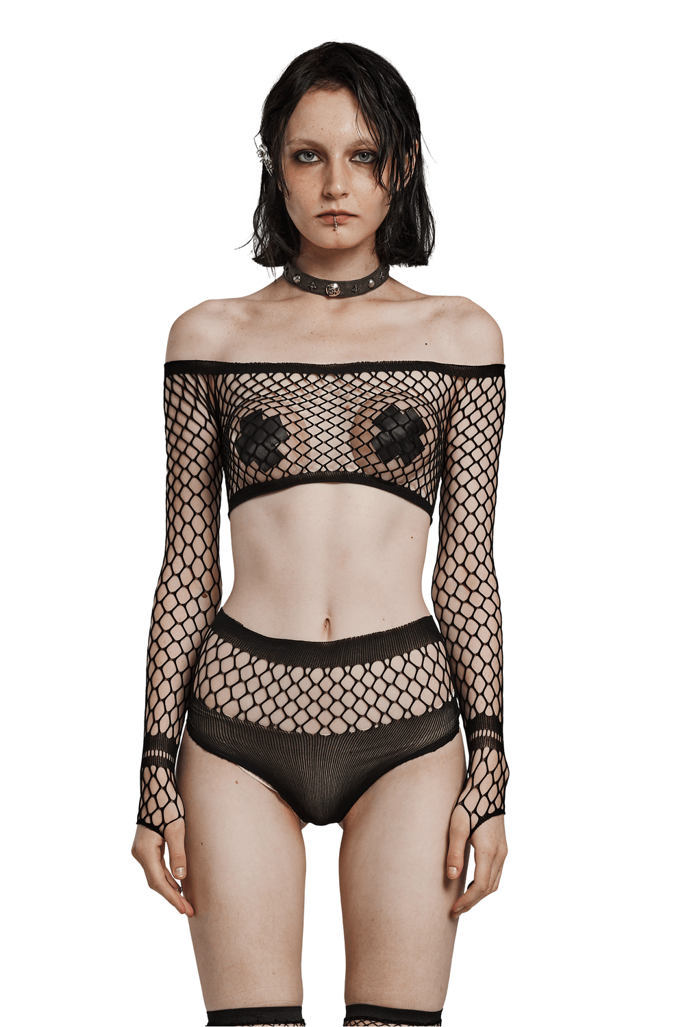 Stylish fishnet off-shoulder top and bikini set, featuring edgy bralette and brief for a bold, fashionable look.