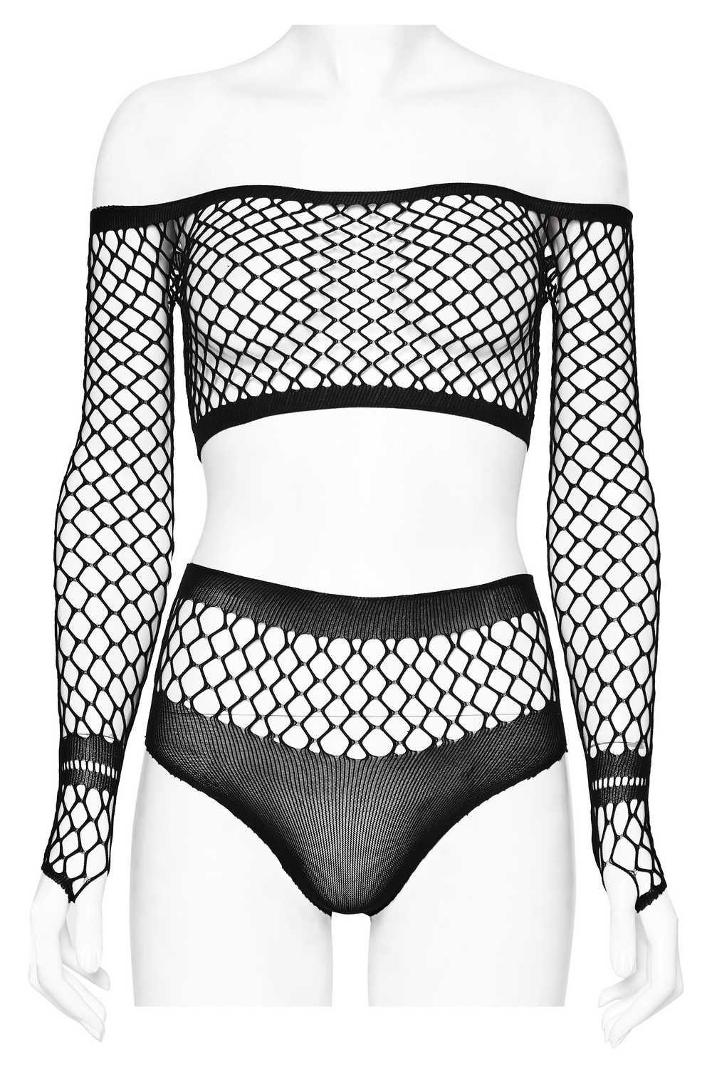 Stylish fishnet off-shoulder top and bikini ensemble, edgy mesh lingerie set for bold layering or stand-alone wear.