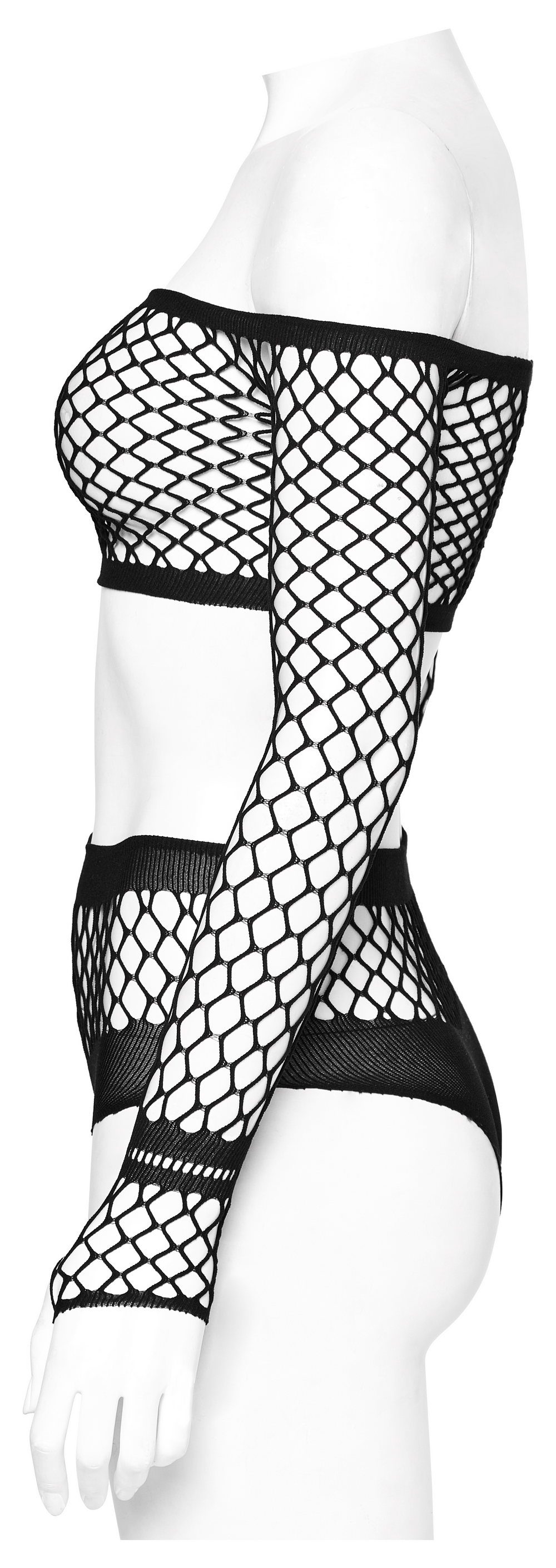 Stylish fishnet off-shoulder top and bikini set, ideal for bold layering or stand-alone looks, highlighting edgy fashion.