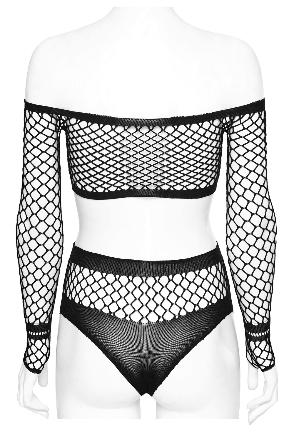 Stylish off-shoulder fishnet top and bikini set, showcasing edgy mesh lingerie design for bold layering or standalone wear.