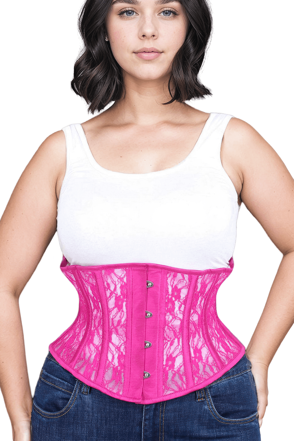 Stylish fuchsia lace mesh waspie corset with steel boning for waist shaping and dramatic silhouette.