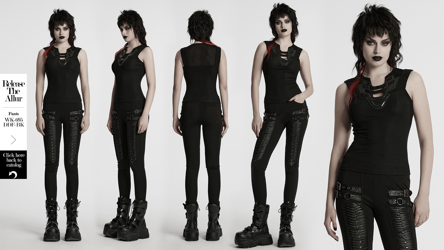 Stylish futuristic black tank top with mesh back, model showcasing a bold, edgy look and unique design.