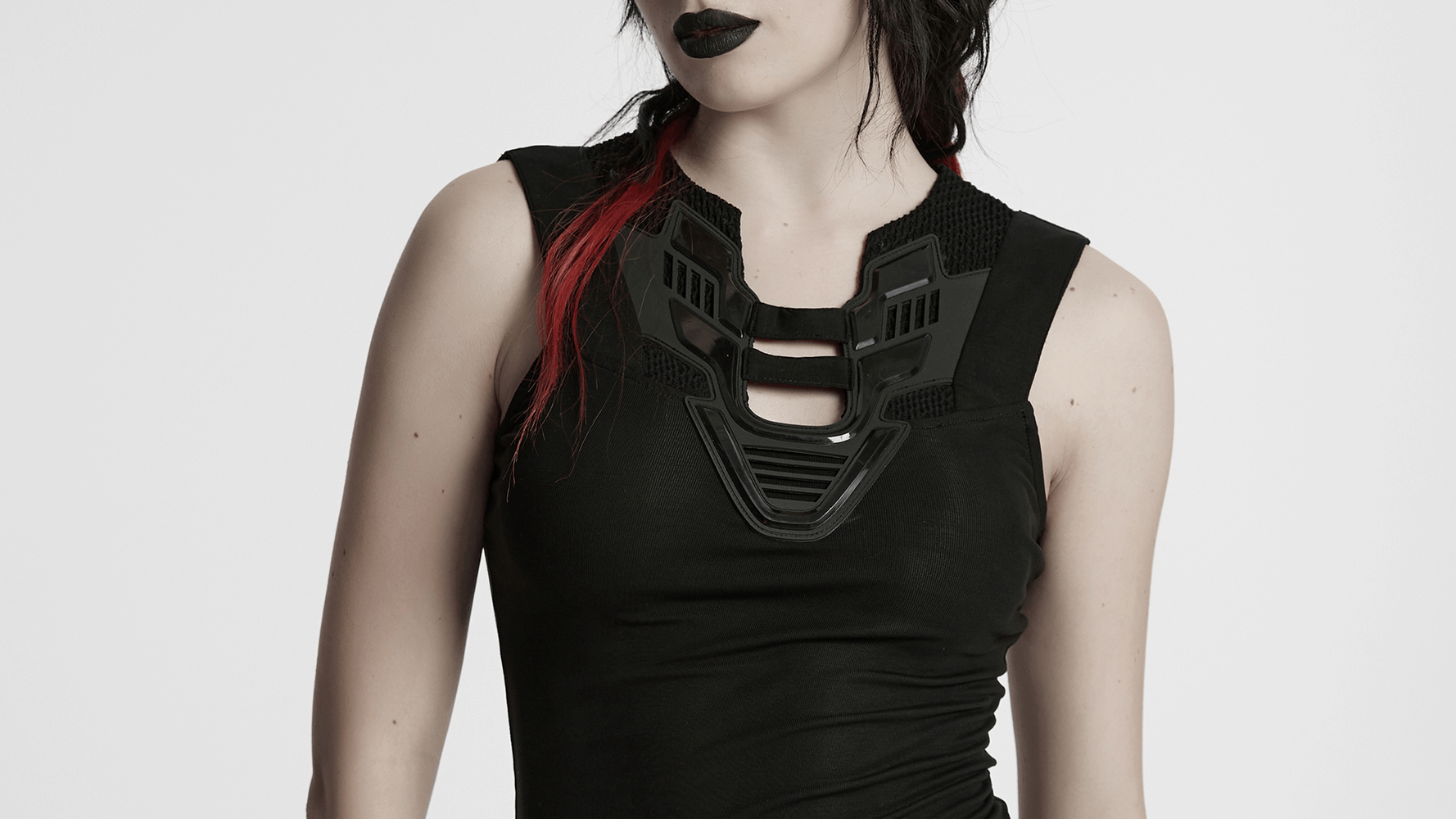 Futuristic black tank top with mesh back and unique neckline detail, perfect for edgy modern fashion.