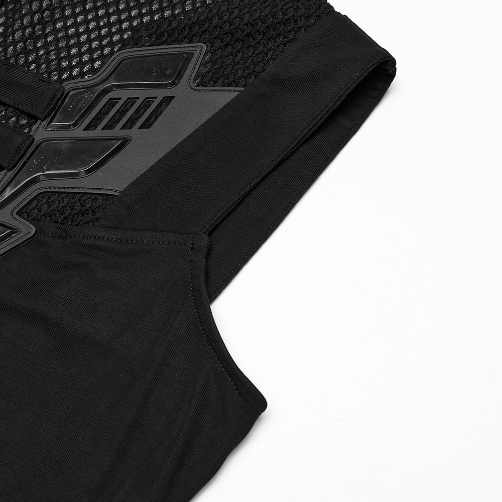 Stylish black tank top featuring a futuristic mesh back and sleek design for modern fashion enthusiasts.