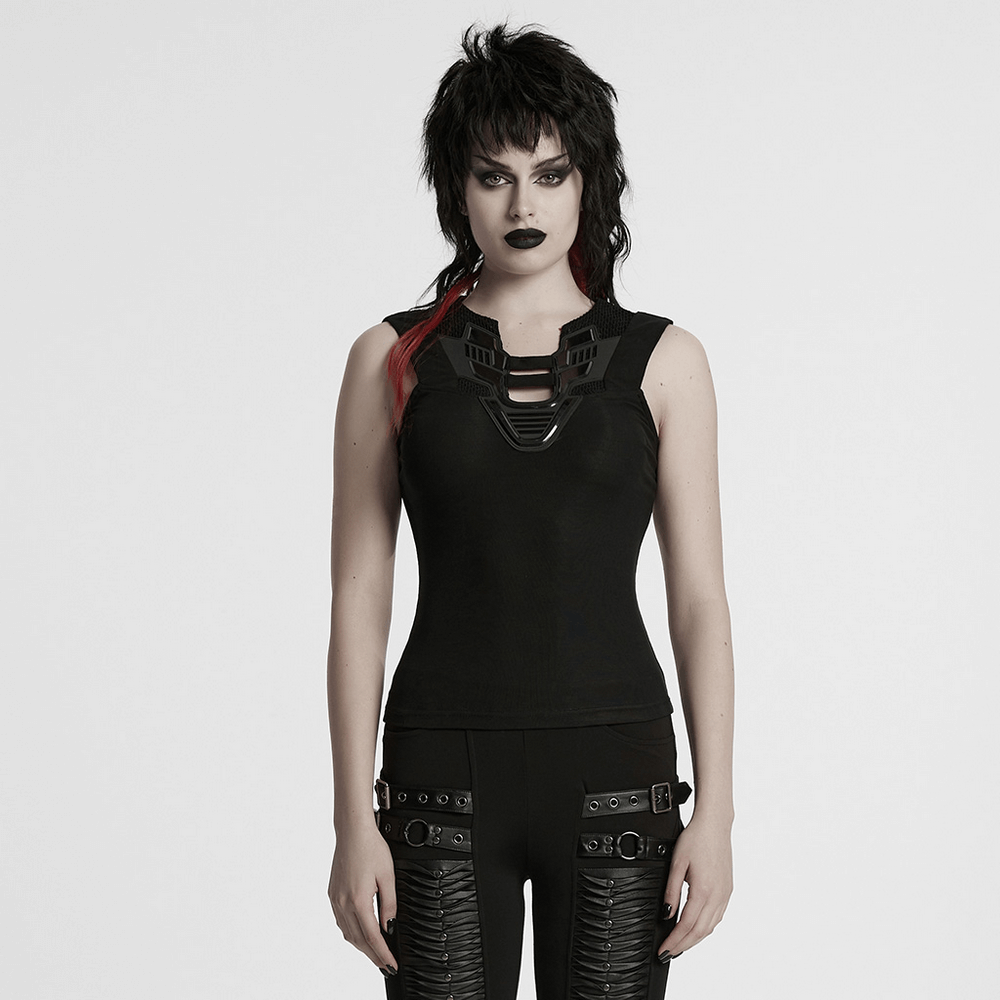 Stylish futuristic black tank top with mesh back, perfect for edgy fashion looks and unique style.