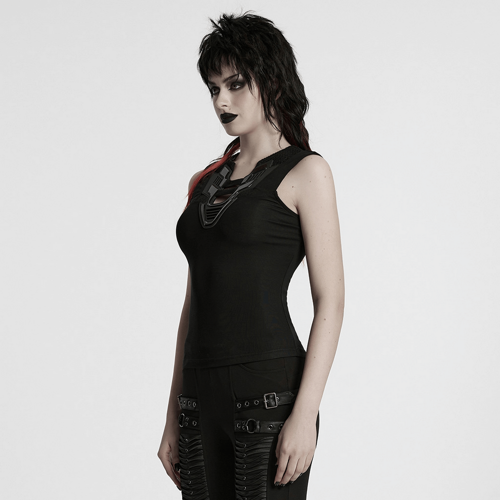 Stylish black tank top with a futuristic mesh back design, perfect for a bold and edgy look.