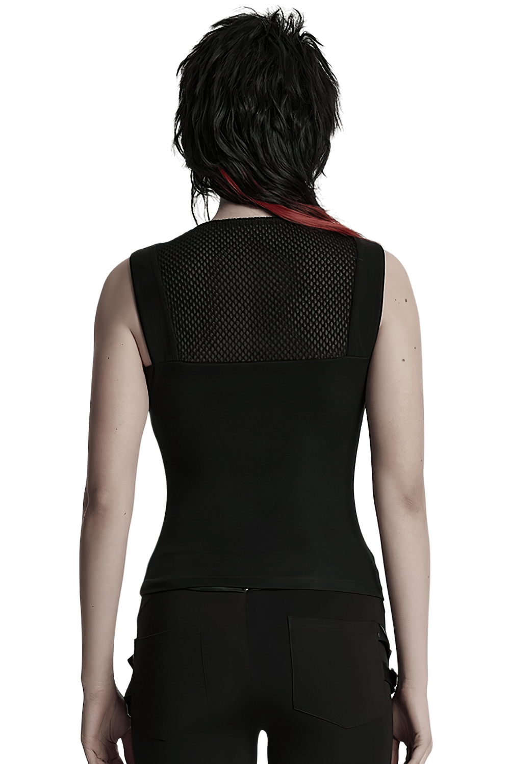 Stylish black tank top with a mesh back, perfect for a futuristic and trendy look.