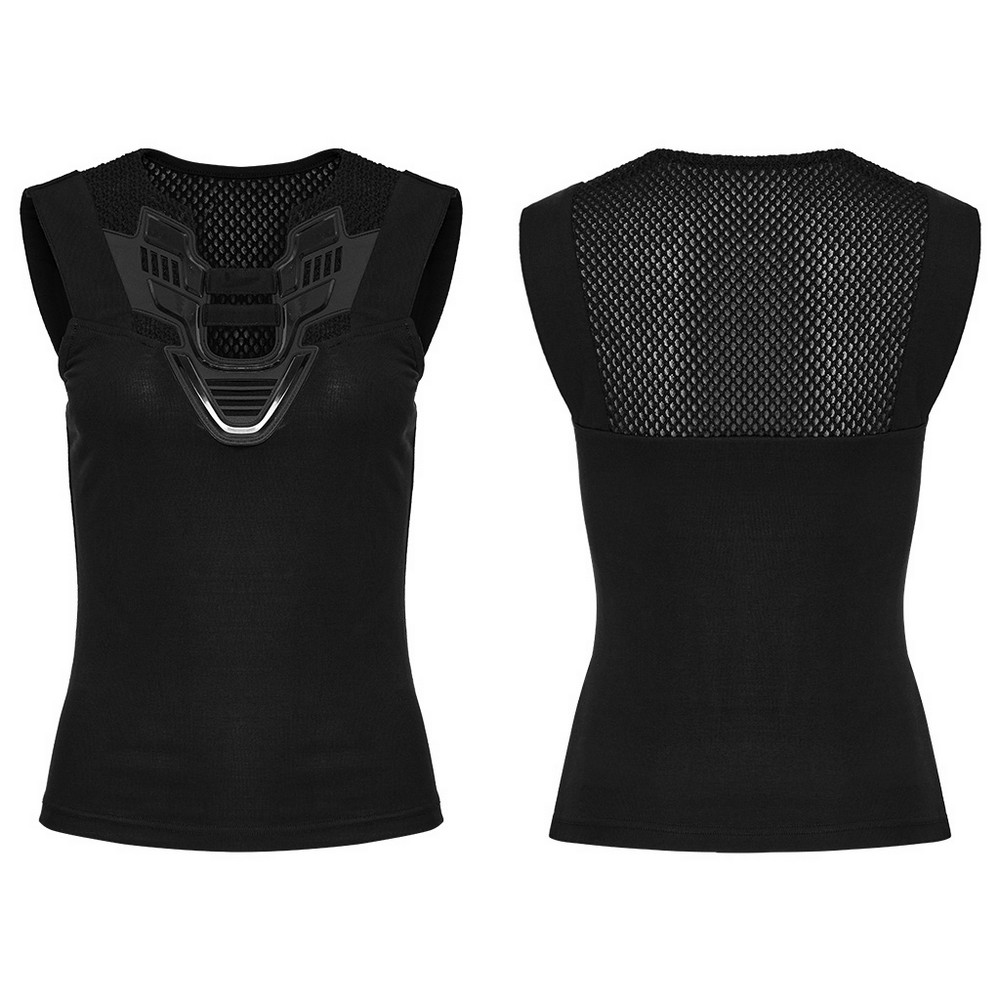 Futuristic black tank top with stylish mesh back design, perfect for workout or casual wear.