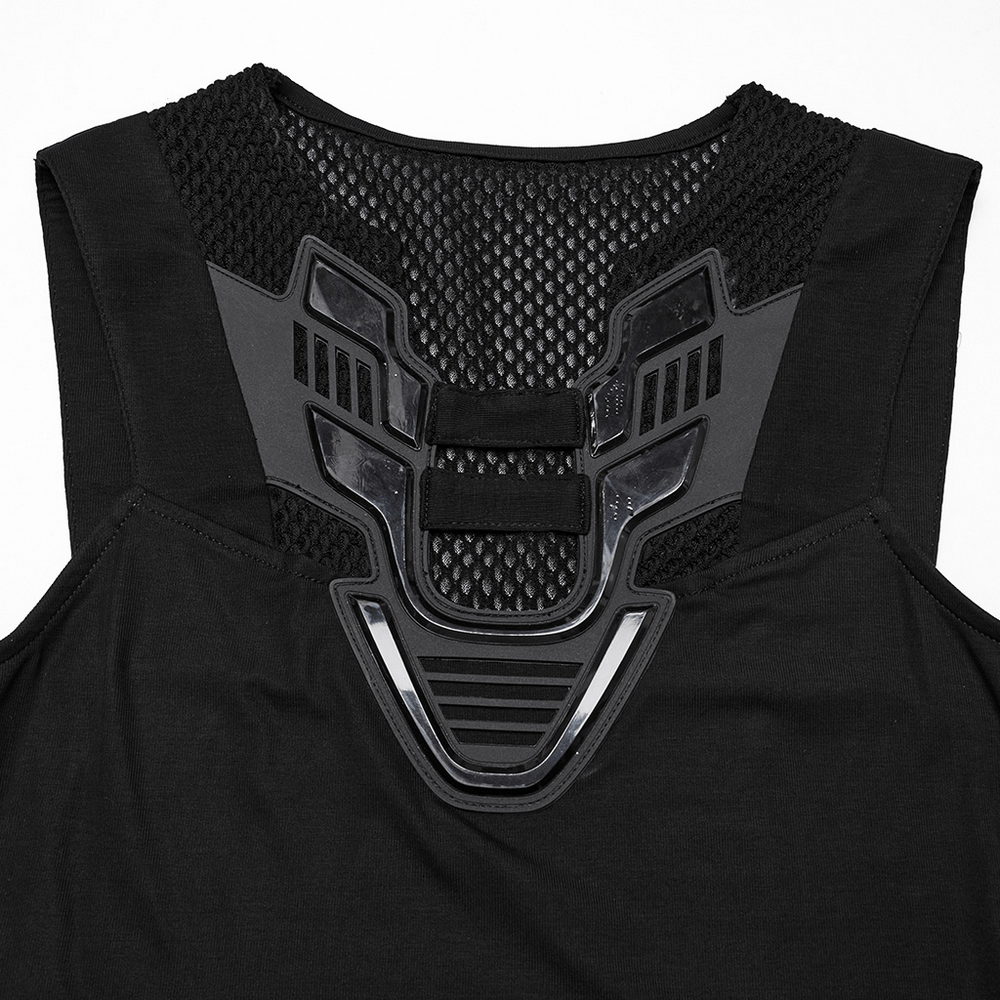 Stylish futuristic black tank top featuring a unique mesh back design for a modern touch.