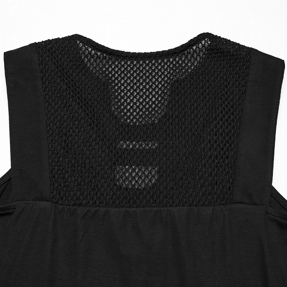 Stylish black tank top featuring a trendy mesh back design for a futuristic look.