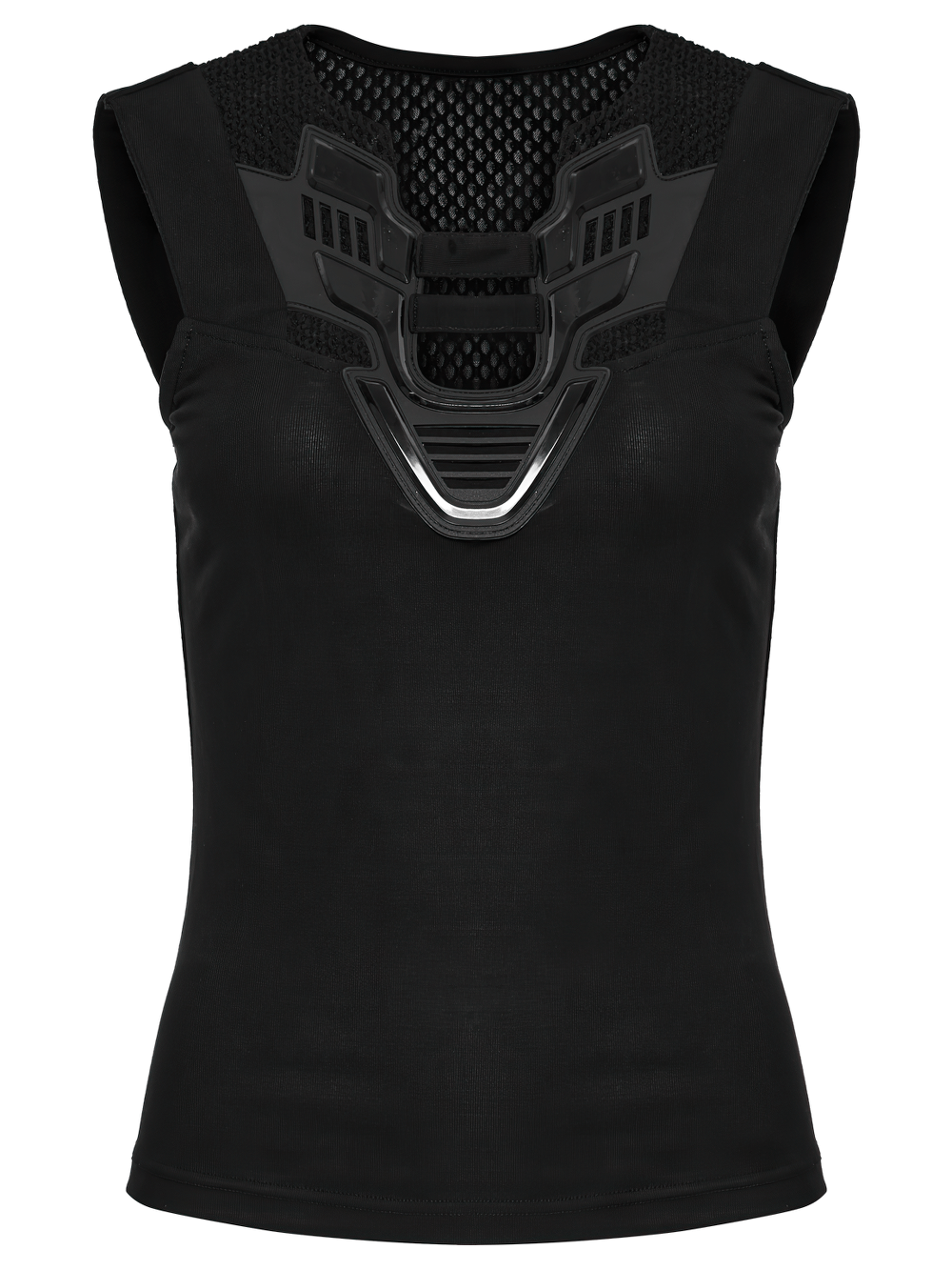 Stylish black tank top with a futuristic mesh back design for a modern athletic look.
