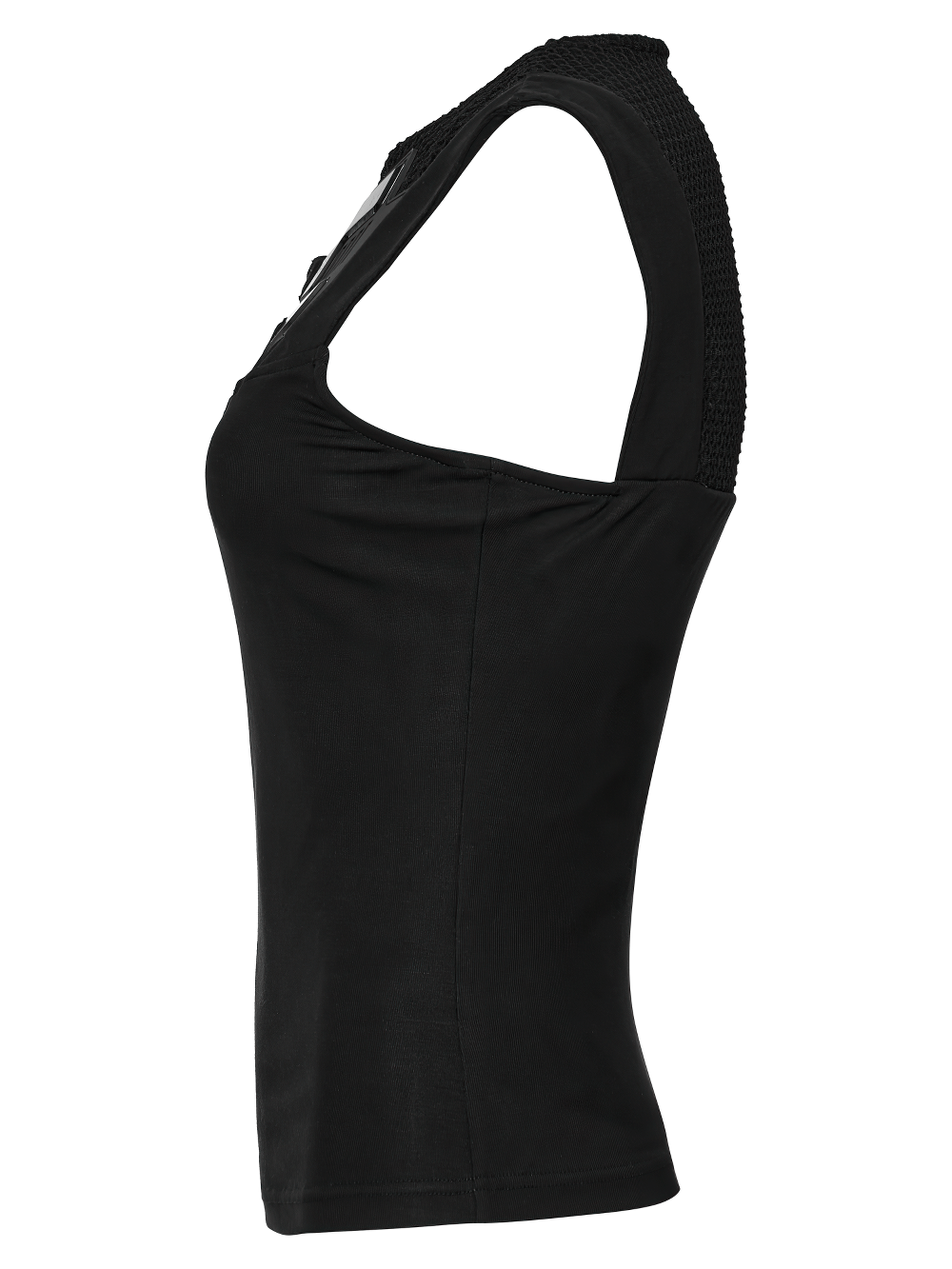 Stylish futuristic black tank top featuring a unique mesh back design, perfect for modern athleisure wear.