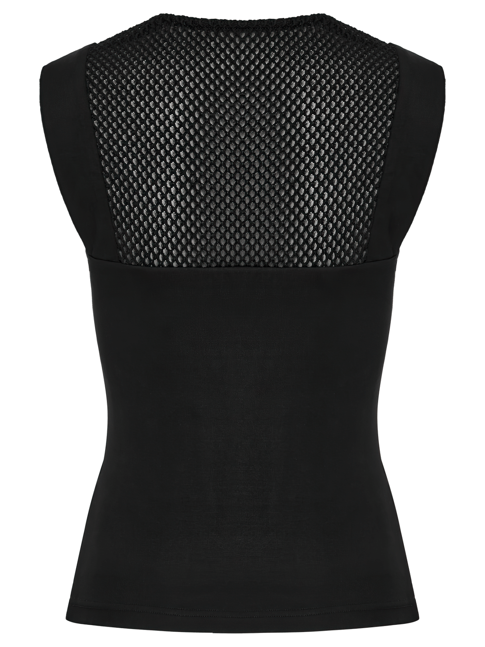 Stylish black tank top featuring a trendy mesh back for a sleek, futuristic look.