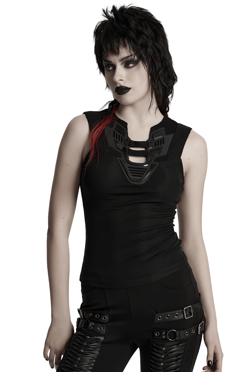 Futuristic black tank top with mesh back, styled with edgy details for a modern fashion statement.
