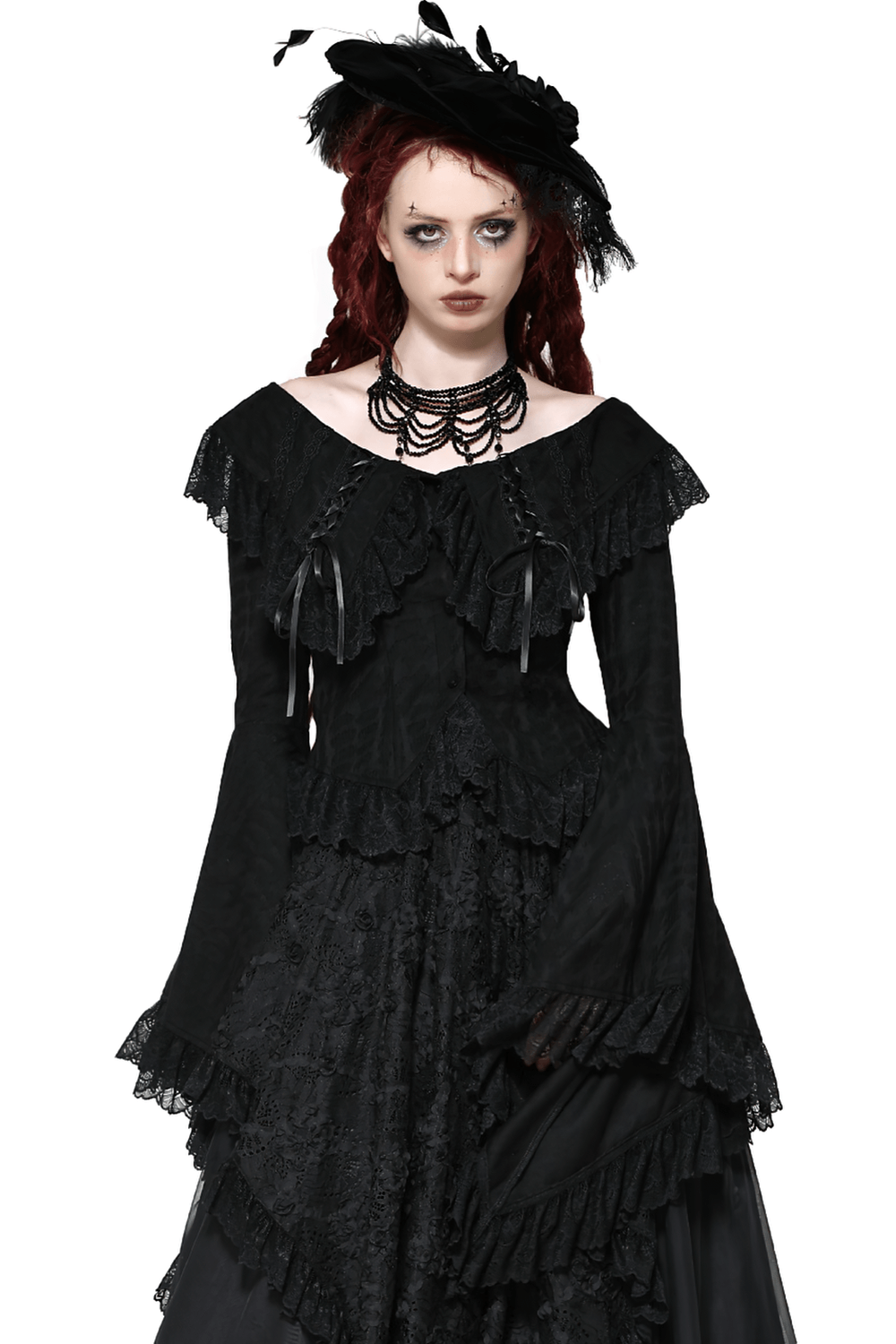 Stylish goth off-shoulder black lace blouse with bell sleeves and ruffled details, perfect for gothic elegance.