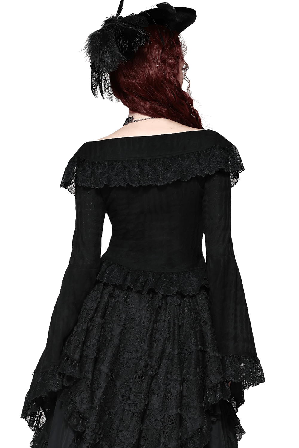 Stylish goth off-shoulder blouse with bell sleeves, showcasing intricate ruffled lace detail and a dramatic silhouette.