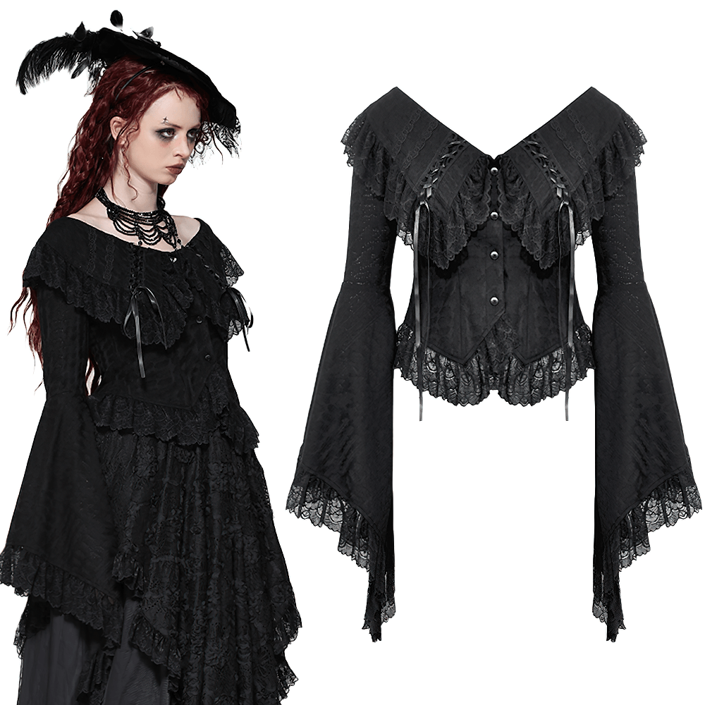 Stylish goth off-shoulder blouse with bell sleeves and lace trim, perfect for a dramatic, vintage-inspired look.