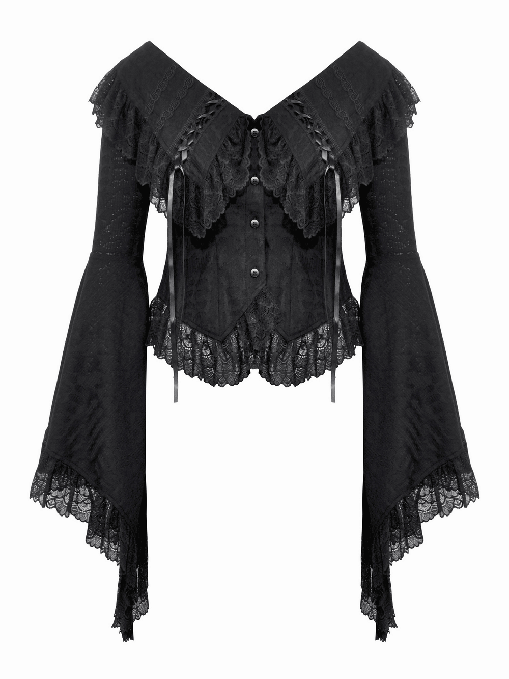 Stylish Goth Off-Shoulder Black Lace Blouse with Ruffled Edges and Bell Sleeves for Elegant Victorian Fashion.