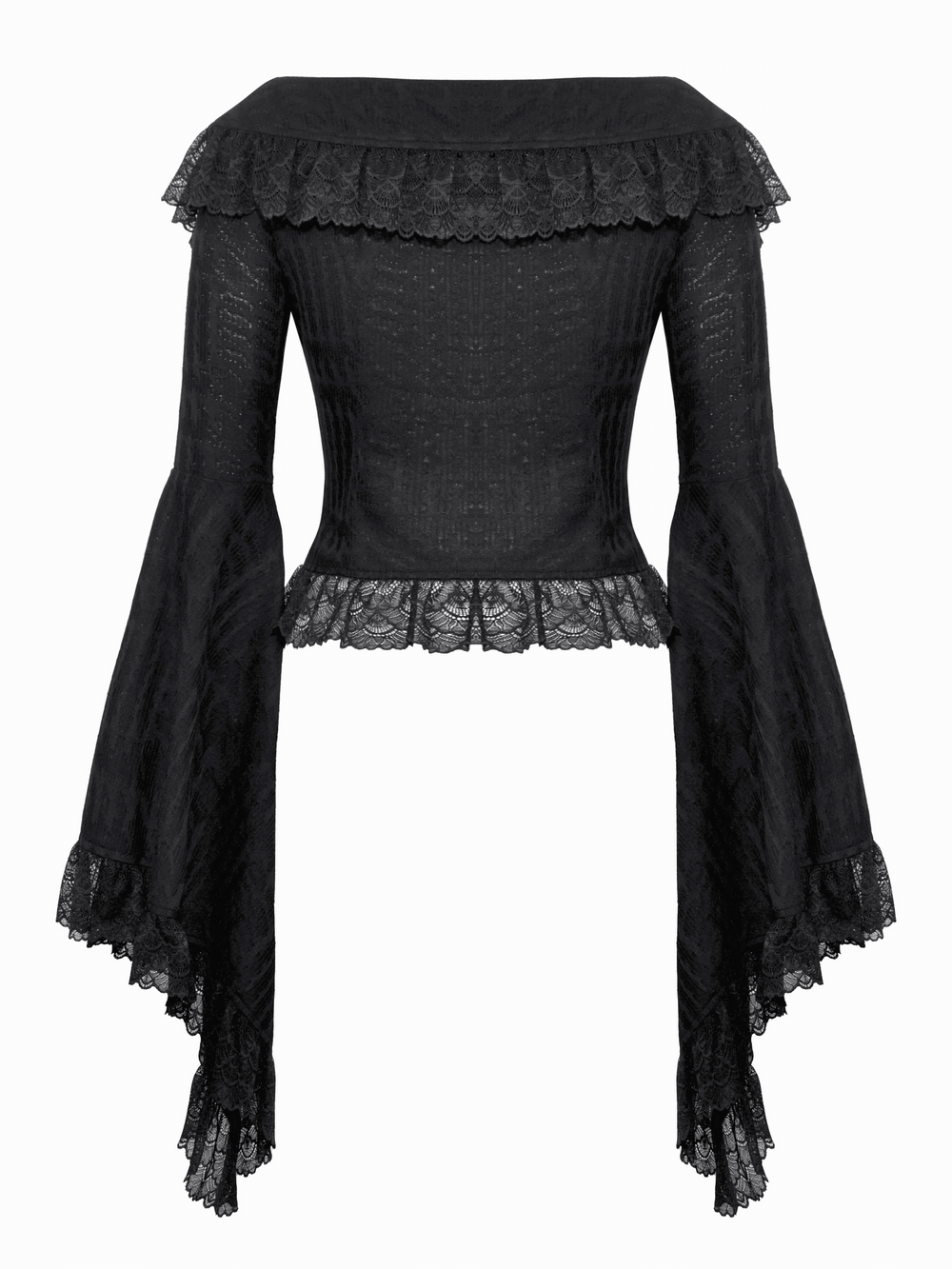 Stylish goth off-shoulder black blouse with bell sleeves and ruffled lace trim, perfect for gothic elegance.