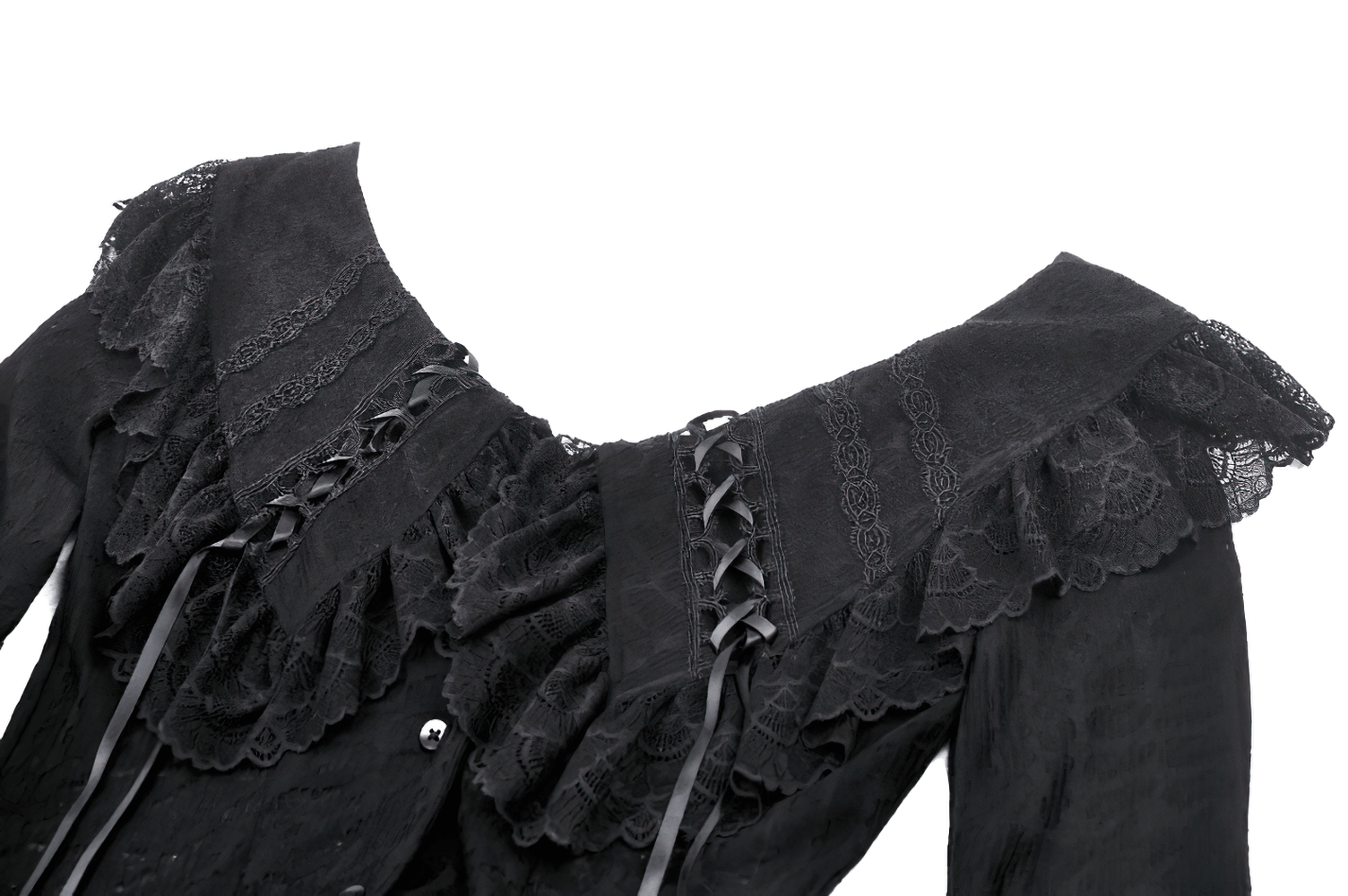 Elegant black off-shoulder gothic blouse featuring ruffled lace and delicate button details for stylish women.