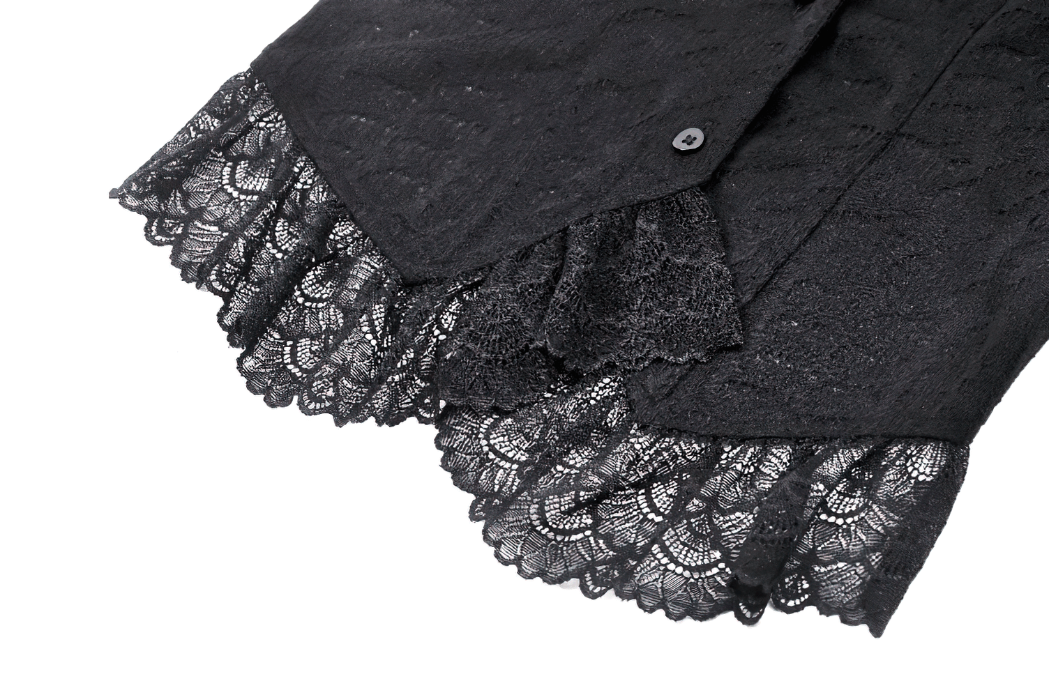 Close-up of black lace blouse featuring ruffled cuffs and delicate button detail, highlighting gothic elegance.