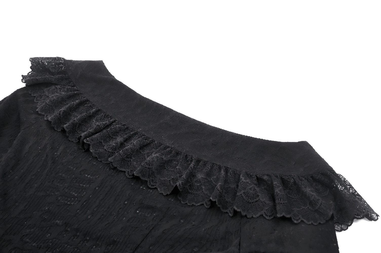 Elegant off-shoulder black blouse with ruffled lace trim, showcasing gothic and vintage-inspired fashion details.