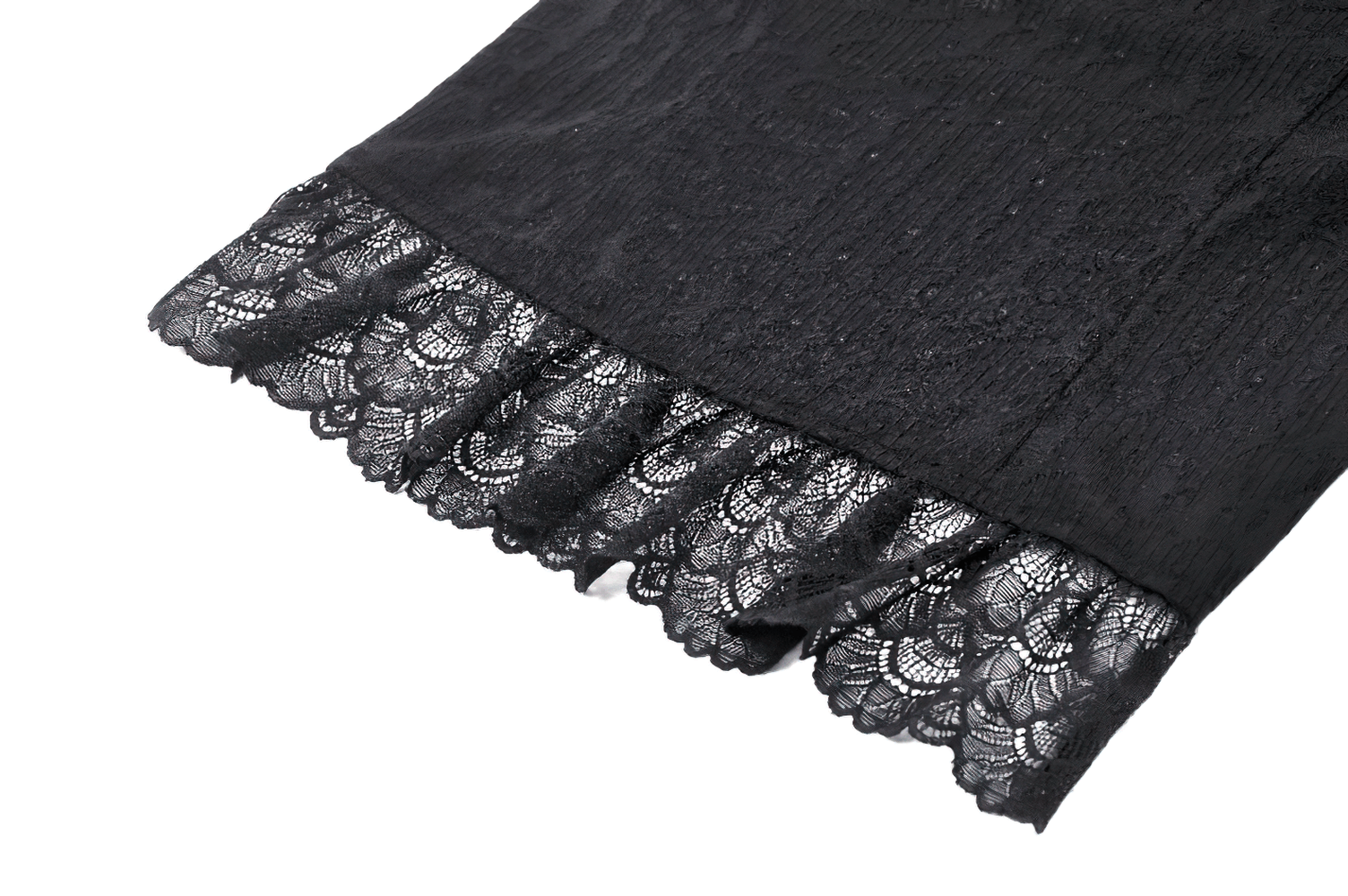 Black lace blouse sleeve with intricate ruffled lace trim, perfect for a gothic fashion statement.