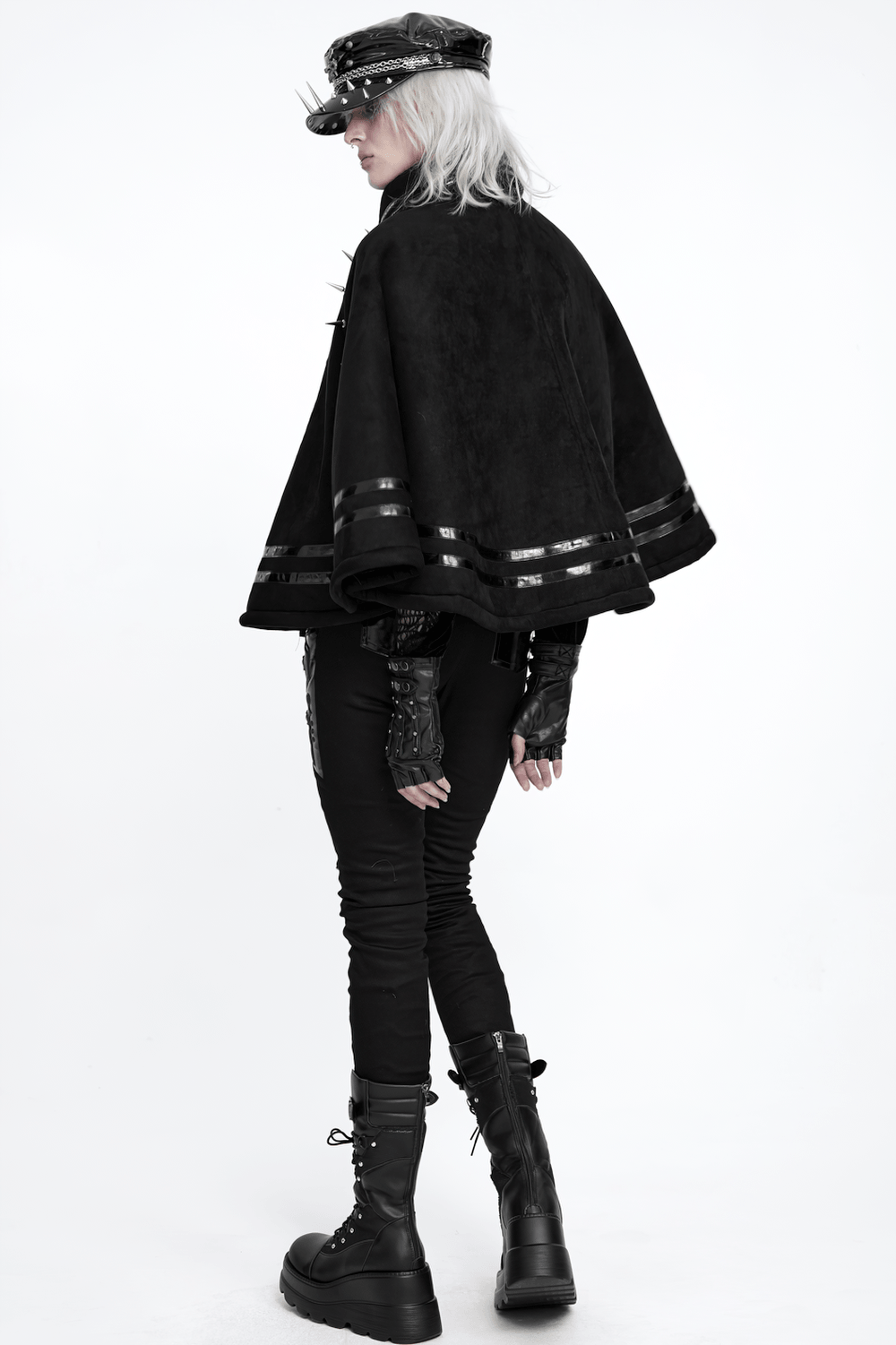 Stylish Gothic Black Cape with Spiked Shoulders, black punk cloak with metallic trim and dramatic military flair