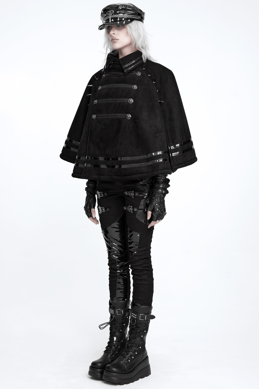 Stylish Gothic Black Cape with Spiked Shoulders, punk military cloak with metallic trim and dramatic flared silhouette
