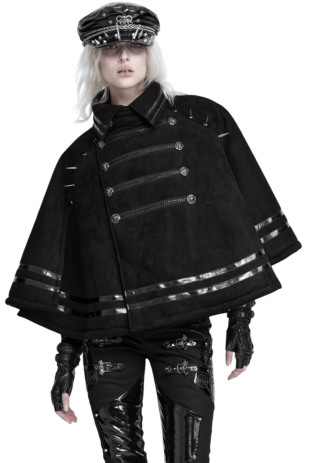 Stylish Gothic Black Cape with Spiked Shoulders, black punk military cloak with metallic trim and ornate buttons