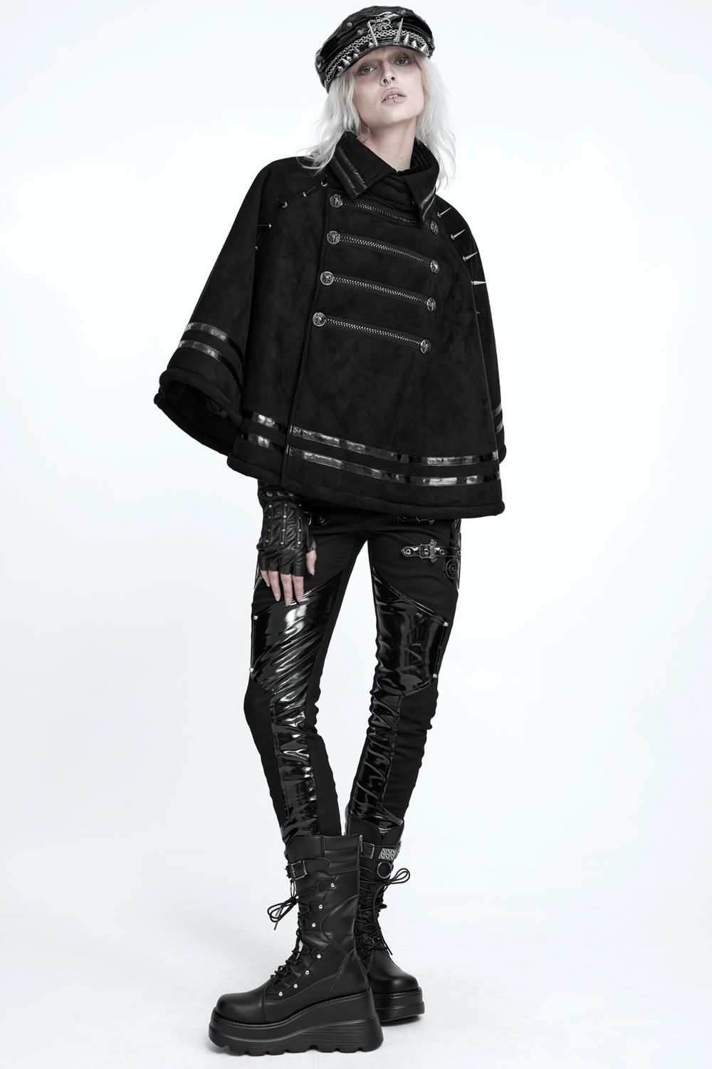 Stylish Gothic Black Cape with Spiked Shoulders, punk officer short cloak with metallic braid trim and military detail