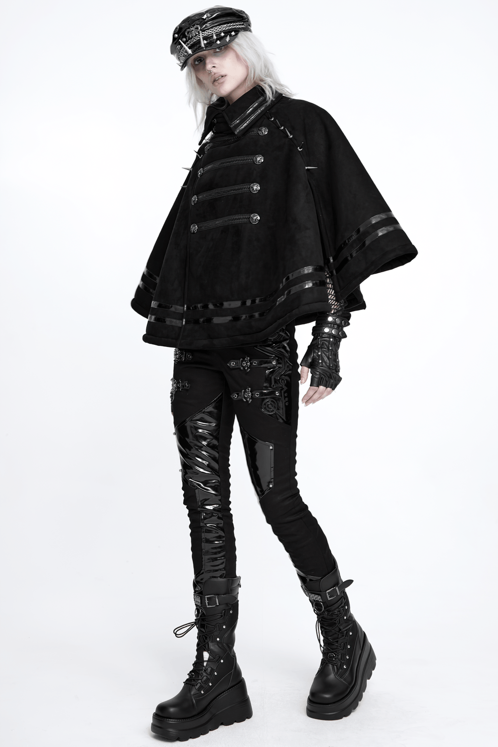 Stylish Gothic Black Cape with Spiked Shoulders, punk military cloak with metallic trim and dramatic flared silhouette