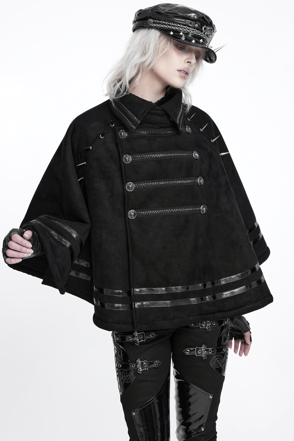 Stylish Gothic Black Cape with Spiked Shoulders, punk military cloak with metallic braid trim and ornate buttons